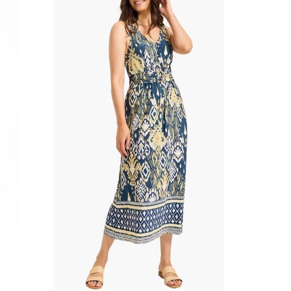 NWT TOMMY BAHAMA BLUE TAN VISTA COVE SLEEVELESS MIDI DRESS WOMENS XXS - Picture 1 of 12